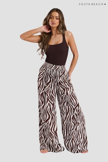 South Beach Brown Printed Crinkle Viscose Wide Leg Beach Trousers (E09098) | £26