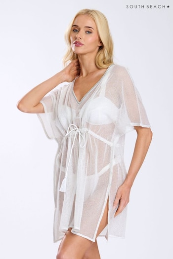 South Beach White Glitter Net Kaftan Dress With Tassel Tie (E09101) | £28