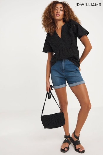 JD Williams Broderie Frill Jersey Back Black Top (E09238) | £26