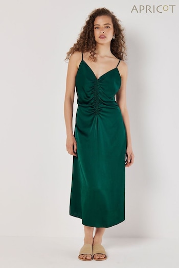 Apricot Green Satin Ruched A Line Midi Dress (E09274) | £39