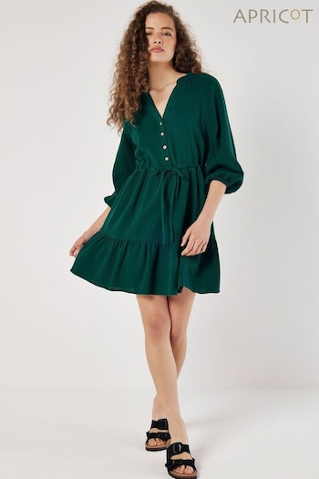 Apricot Green Tetra Cotton V-Neck Tiered jean Dress (E09285) | £35