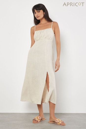 Apricot Natural Cami Linen Dress Midi With Side Split (E09286) | £35