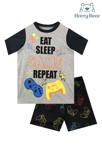 Harry Bear Grey Eat Sleep Game Repeat Short Pyjamas (E09320) | £13