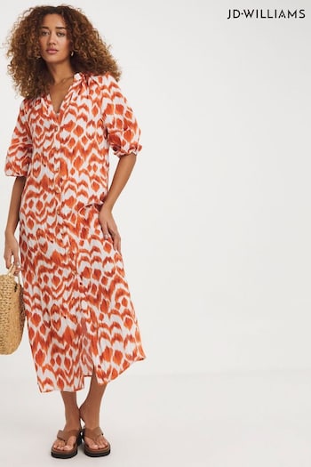 JD Williams Orange Crinkle Balloon Sleeve Midi Shirt Dress (E09345) | £40
