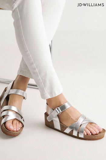 JD Williams Silver Leather Strappy Footbed Sandals in Extra Wide Fit (E09357) | £38