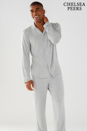 Chelsea Peers Grey Mens Modal Button Up Long Pyjamas Set (E09424) | £50