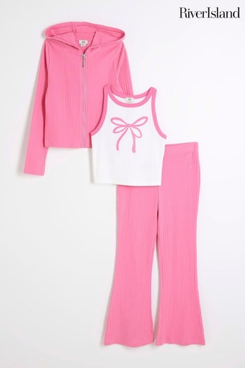 River Island Pink Girls 100% Cotton Funnel Zip Through 3 Piece Set (E09784) | £32