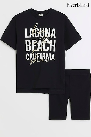 River Island Black Girls Laguna T-Shirt And Cycling Shorts Set (E09805) | £16