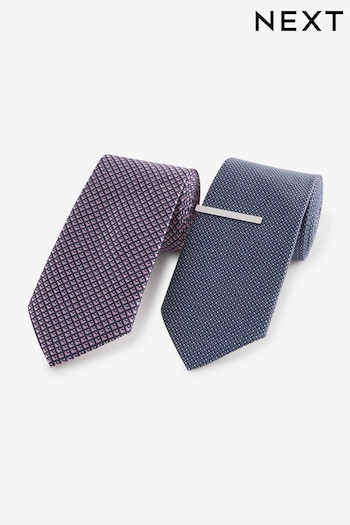 Pink/Navy Blue Textured Ties 2 Pack With Tie Clips (E10049) | £22