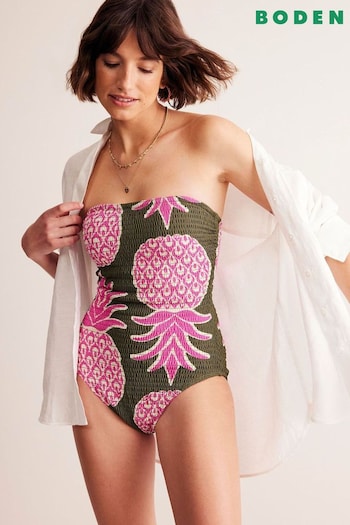 Boden Green Milos Pineapple Smocked Bandeau Swimsuit (E10106) | £85