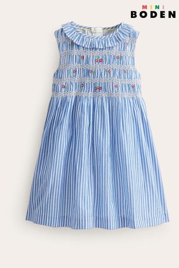 Boden Blue Smocked Bodice Stripe Dress (E10107) | £34 - £39
