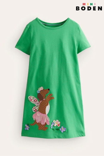 Boden Green Fairy Dog Big Appliqué Jersey Dress (E10142) | £29 - £34