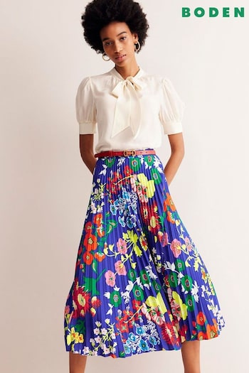 Boden Blue Floral Pleated Midi Skirt (E10155) | £125