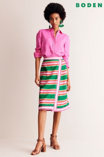 Boden Green Stripe Linen Border Wrap Skirt (E10159) | £115