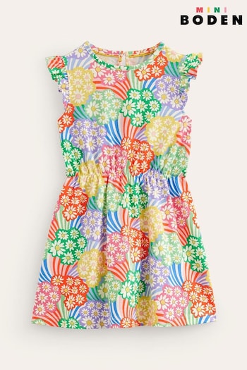 Boden Green Rainbow Daisy Frill Sleeve Jersey Dress Moda (E10247) | £21 - £23