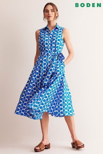 Boden Blue Amy Floral Tile Sleeveless Shirt graphic-print Dress (E10259) | £115