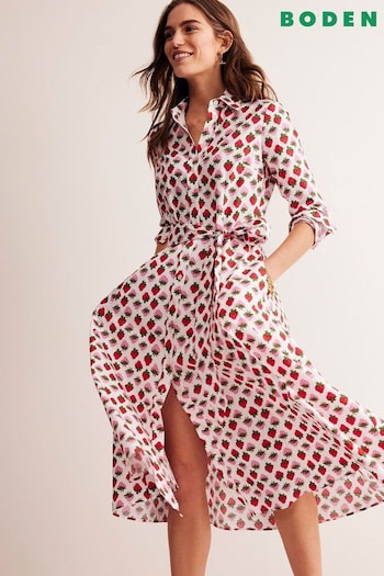 Boden Cream Amy Strawberry Cotton Midi Shirt Dress (E10282) | £125