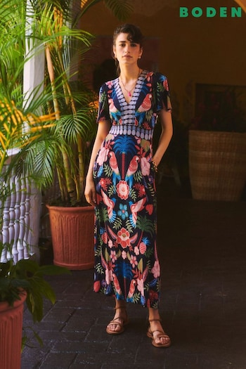 Boden Blue Flutter Tropical Jersey Maxi Dress (E10296) | £110