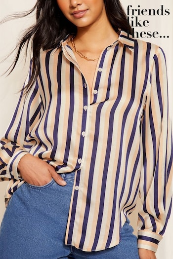 Friends Like These White Blue Stripe Satin Button Through Long Sleeve Shirt (E10368) | £35