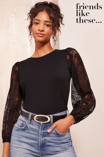 Friends Like These Black Jersey Lace Long Sleeve Blouse (E10382) | £32