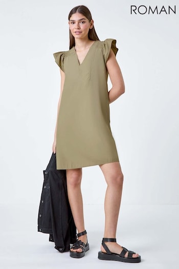 Roman Green Plain Cotton Frill Sleeve Dress (E10498) | £40