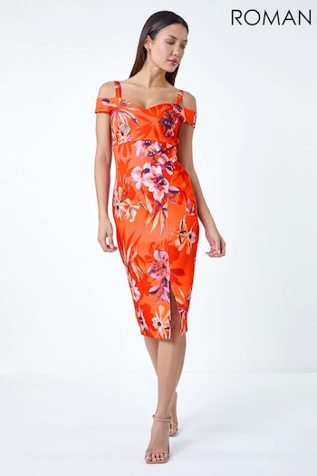 Roman Orange Premium Stretch Floral Cold Shoulder Dress (E10503) | £60