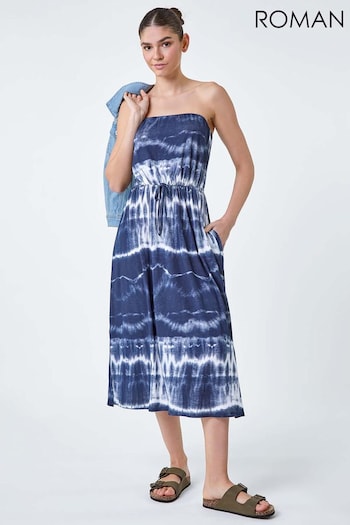 Roman Blue Tie Dye Stretch Bandeau Midi Dress (E10532) | £40