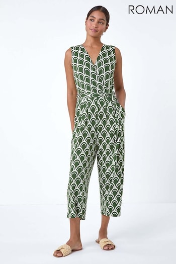 Roman Green Sleeveless Shell Print Stretch Jumpsuit (E10534) | £45