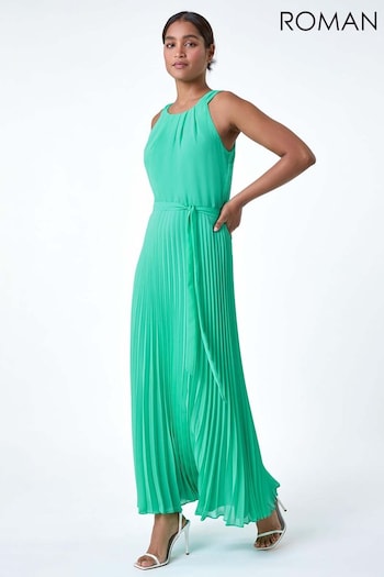 Roman Green Pleated Halter Neck Maxi Dress (E10547) | £70