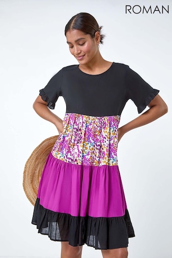 Roman Pink Colour Block Print Tiered Smock Dress (E10556) | £42