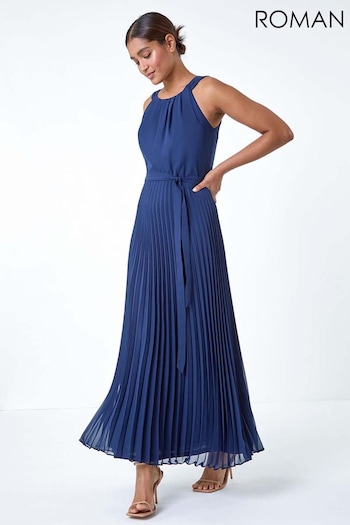 Roman Blue Pleated Halter Neck Maxi Dress (E10559) | £70