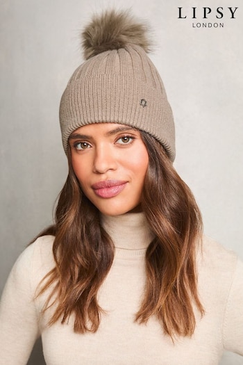 Lipsy Cream Cosy Ribbed Bobble Hat With Wool (E10592) | £12