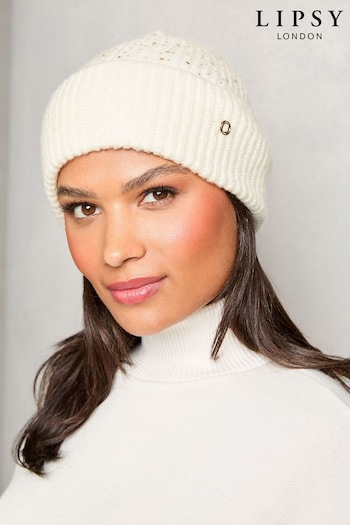 Lipsy Cream Cosy Embellished Gem Beanie Hat (E10608) | £15