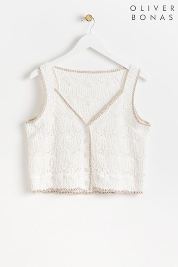 Oliver Bonas Button Up Knitted White Vest (E10885) | £50