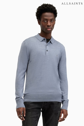 AllSaints Blue Mode Merino Longsleeve Farmer Polo Shirt (E10956) | £95