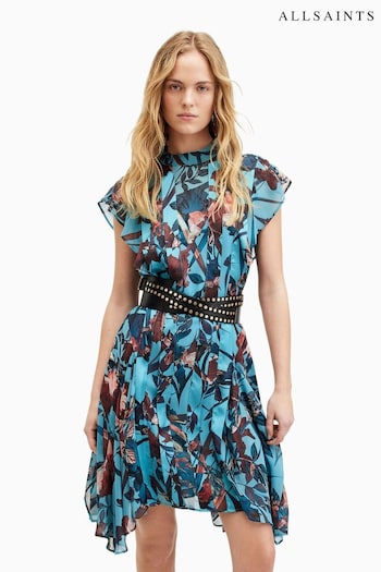 AllSaints Blue Fleur Batu Waisted Dress (E10975) | £199