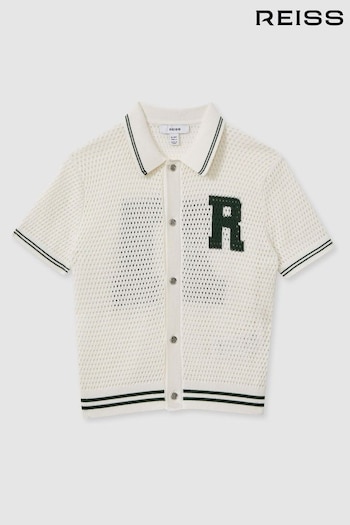 Reiss White/Dark Green Mikan Teen Cotton Open-Stitch Motif Shirt (E11010) | £46