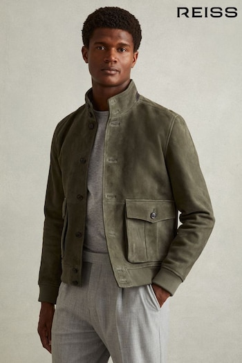 Reiss Light Khaki Green Roland Suede Harrington Jacket (E11016) | £428