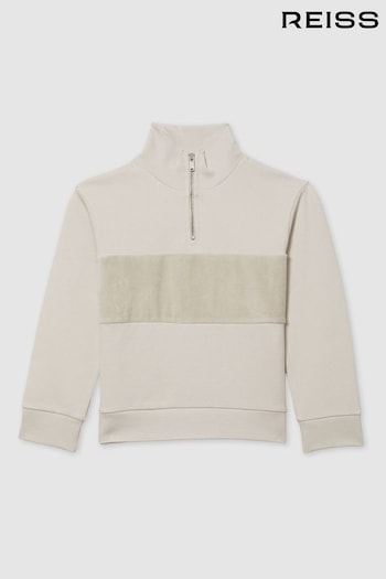 Reiss Taupe Selin Slim Fit Half-Zip Funnel Neck Velour Jumper (E11023) | £42