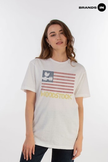 Brands In White Woodstock Flag Women Boyfriend Fit T-Shirt (E11421) | £24