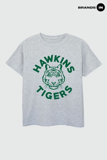 Brands In Grey Netflix Stranger Things Hawkins Tigers Girls Heather T-Shirt (E11464) | £18