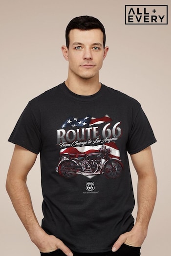 All + Every Black Route 66 US Flag & Motorcycle Mens T-Shirt (E11525) | £23