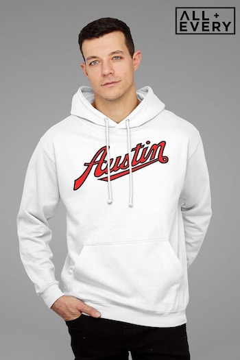 All + Every White Austin Logo British Motor Heritage Mens Hooded Sweatshirt (E11570) | £40