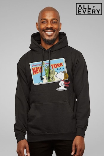 All + Every Black Peanuts Snoopy New York Postcard Design Mens Hooded Sweatshirt (E11609) | £40
