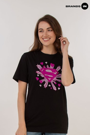 Brands In Black Superman Pink Hearts & Stars Logo Womens Boyfriend Fit T-Shirt (E11639) | £23