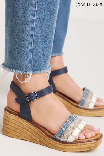 JD Williams Blue Leather Wedge Sandals With Raffia Detailing in Wide Fit (E11815) | £35