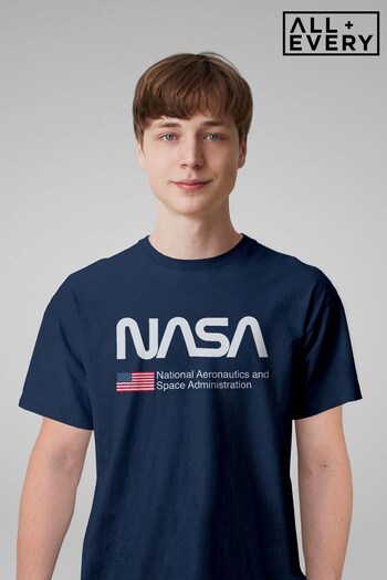All + Every Blue NASA Classic Worm Text Logo US Flag Mens T-Shirt (E11842) | £23