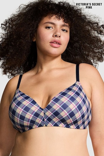 Victoria's Secret PINK Blue Navy Plaid Print Non Wired Lightly Lined Bra (E11960) | £29