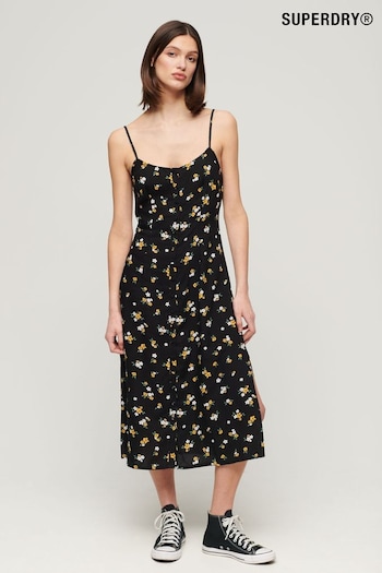 Superdry Black Printed Button-Up Cami Midi Dress Marilyn (E12138) | £45