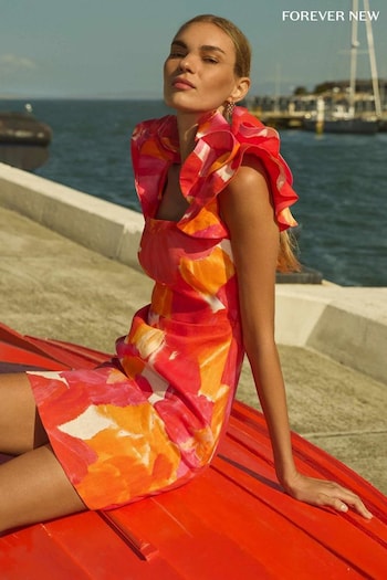 Forever New Orange Pure Linen Mackenzie Ruffle Sleeves Mini nica Dress (E12269) | £110